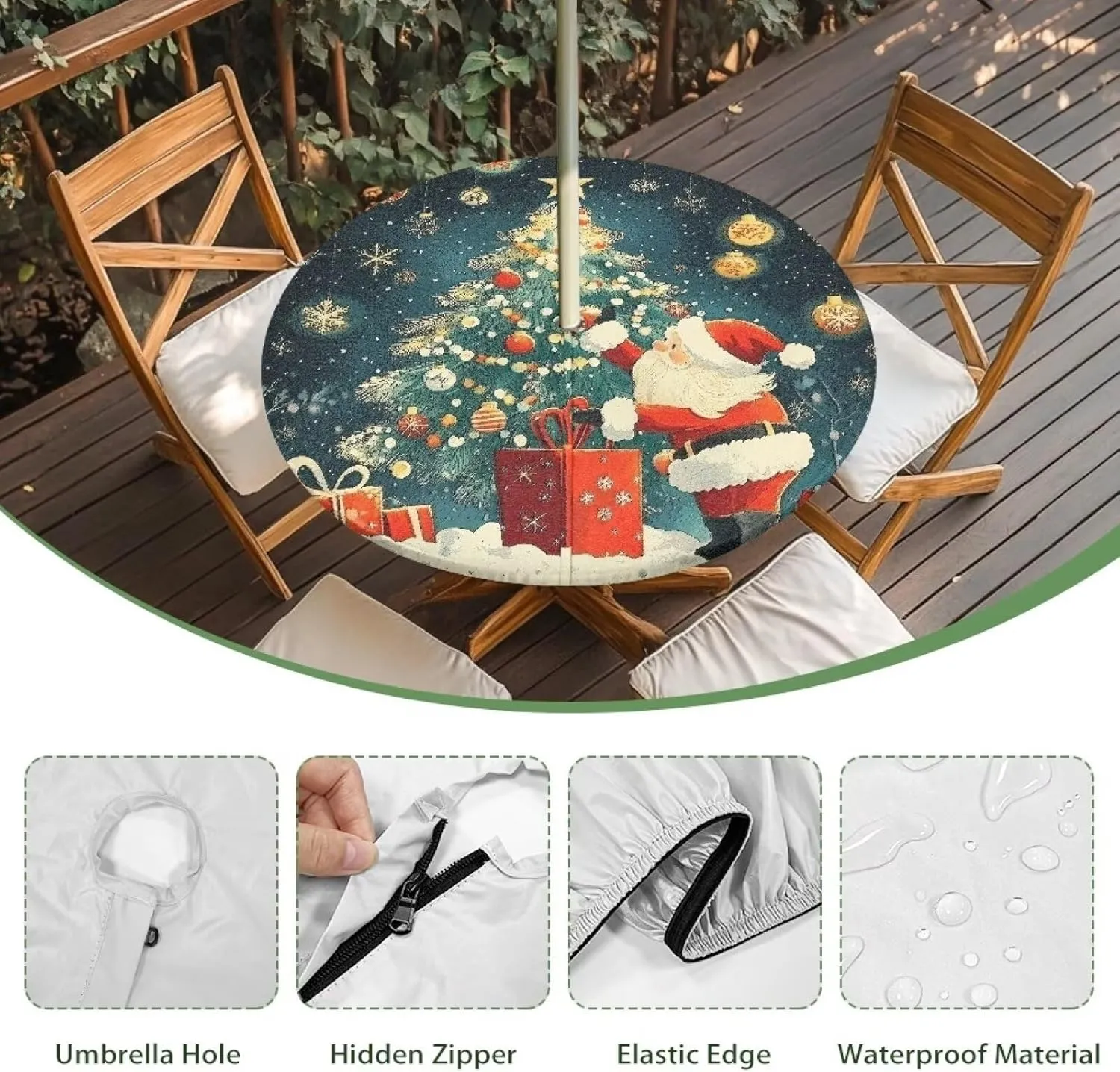 Christmas Tree Outdoor Tablecloth Windproof Round Table Cloth with Umbrella Hole Merry Christmas Wipeable Table Cloth Table Protector for Patio Picnic