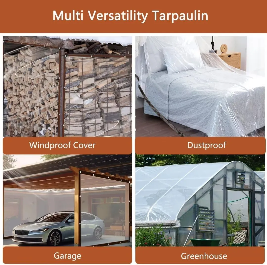 Clear-Waterproof-Tarps-Outdoor-10x12ft, Poly Tarpaulin Tarps Transparent Anti-Tear Thin Cover with Rustproof Grommets for Patio Enclosure Gardening Chicken Coop