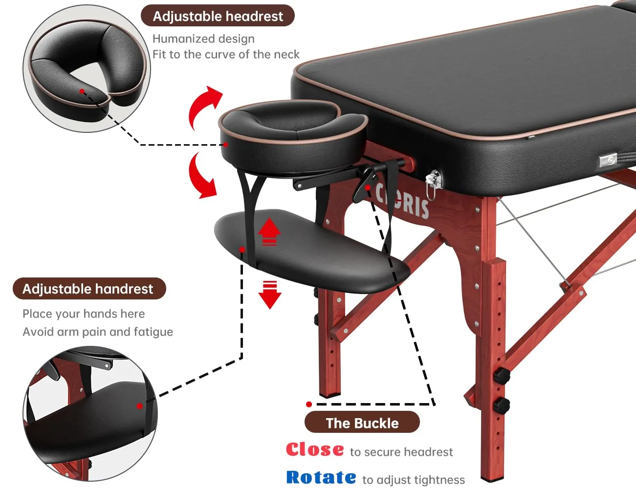 CLORIS 84" Professional Massage Table Portable Reinforced Wooden Leg Hold Up to 1100LBS 2 Folding Lightweight Spa Salon Tattoo Massage Bed Height Adjustable with Carrying Bag - Black