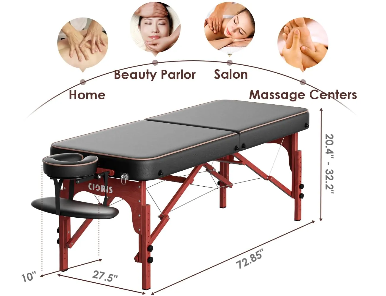 CLORIS 84" Professional Massage Table Portable Reinforced Wooden Leg Hold Up to 1100LBS 2 Folding Lightweight Spa Salon Tattoo Massage Bed Height Adjustable with Carrying Bag - Black