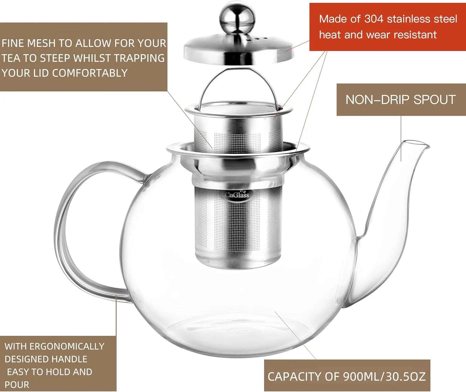 CNGLASS 900ml Glass Teapot with Removable Infuser,Clear Tea Kettle Stovetop Safe,Blooming and Loose Leaf Tea Maker