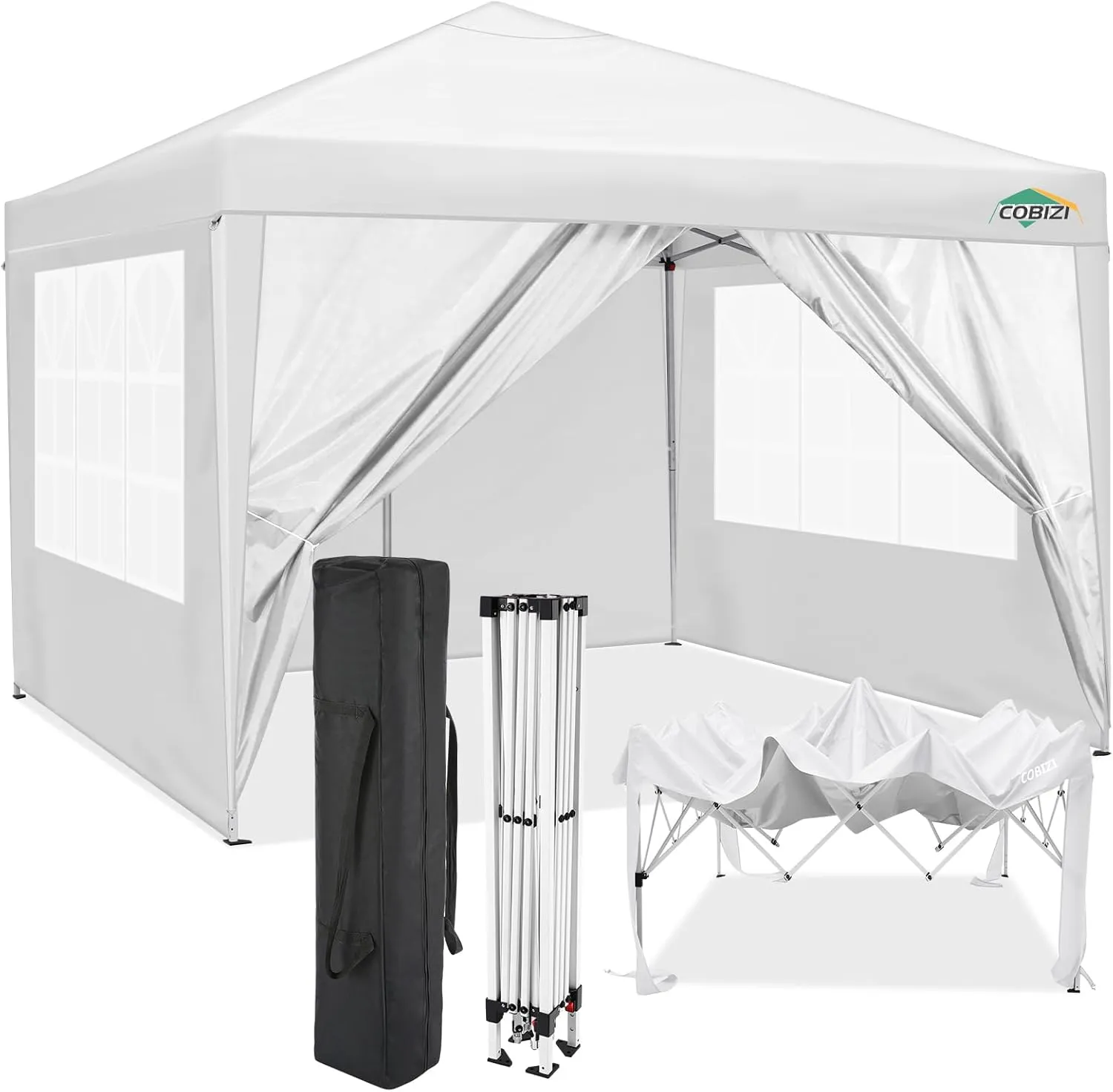 COBIZI 10x10 Pop Up Canopy Tent with 4 Removable Sidewalls Waterproof Commercial Instant Shelter Outdoor Party Tent Portable Canopy Tent for Parties with Carry Bag, Ropes, Stakes (White, 10'x10')