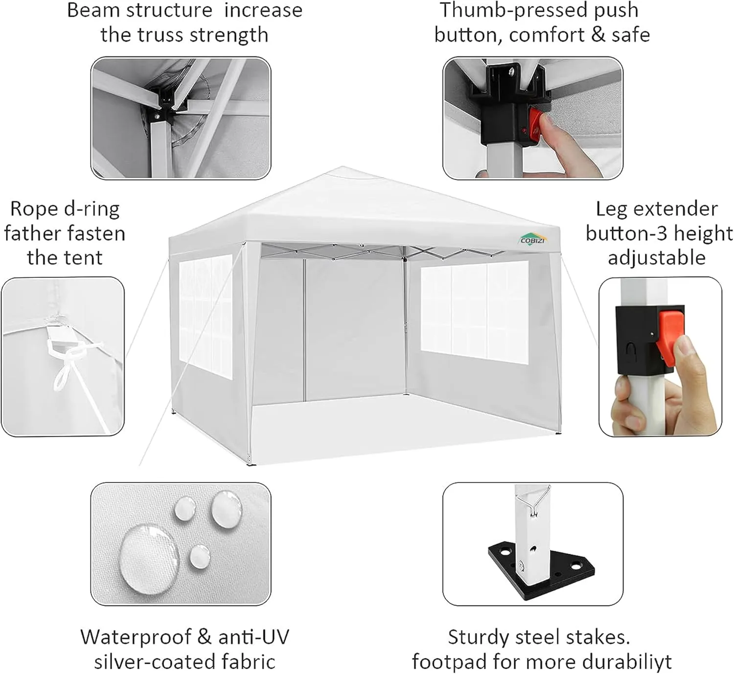 COBIZI 10x10 Pop Up Canopy Tent with 4 Removable Sidewalls Waterproof Commercial Instant Shelter Outdoor Party Tent Portable Canopy Tent for Parties with Carry Bag, Ropes, Stakes (White, 10'x10')