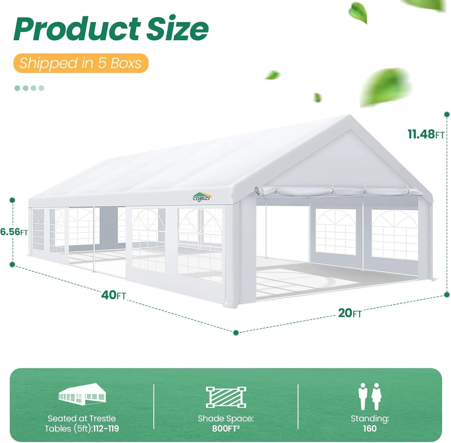 COBIZI 20x40 Party Tent Heavy Duty, Party Tents with 8 Removable Sidewalls & 4 Built-in Sandbags, Commercial Wedding Large Tent UV50  Waterproof, White
