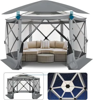 COBlZl Pop Up Gazebo 12x12 Screen House for Camping, Outdoor Instant Stargazing Gazebo Canopy with Awning 2.0, Portable Hub Tent with Mosquito Netting, Pavilion Tent for Backyard,Gray