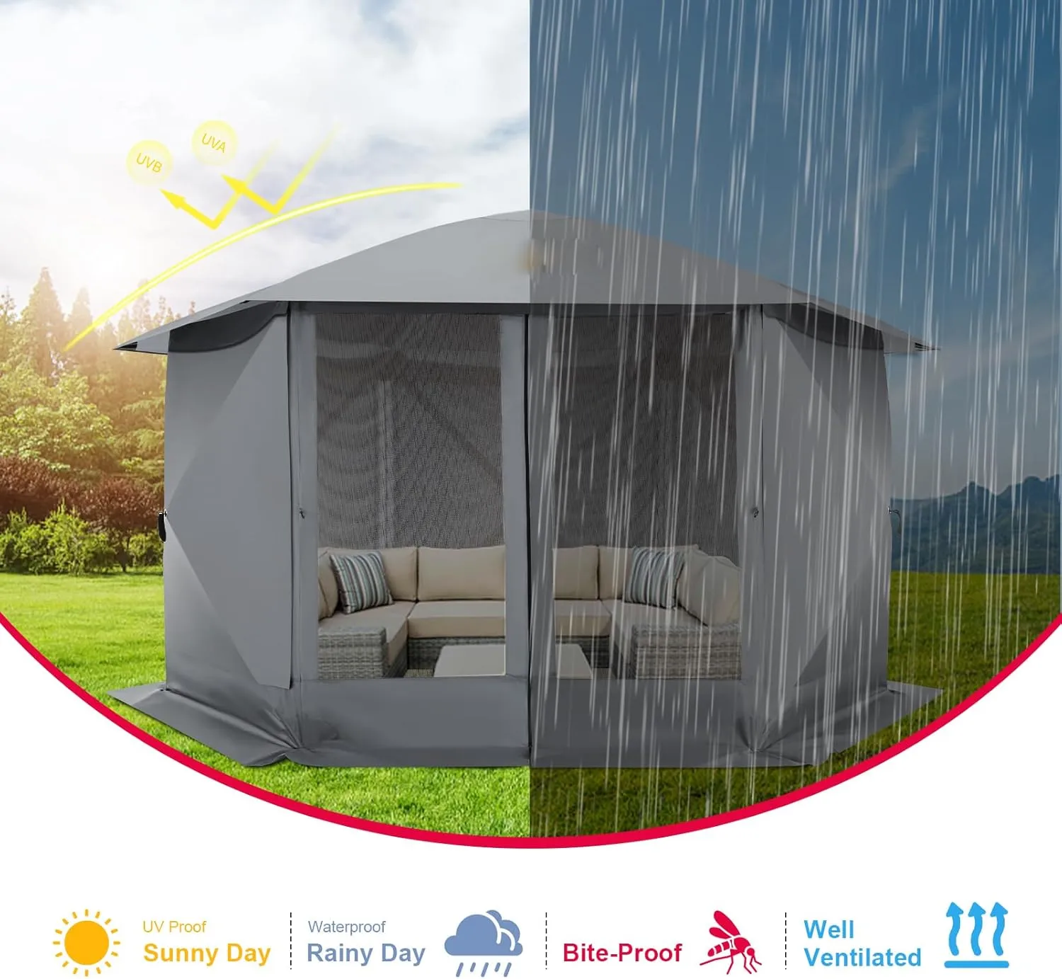 COBlZl Pop Up Gazebo 12x12 Screen House for Camping, Outdoor Instant Stargazing Gazebo Canopy with Awning 2.0, Portable Hub Tent with Mosquito Netting, Pavilion Tent for Backyard,Gray