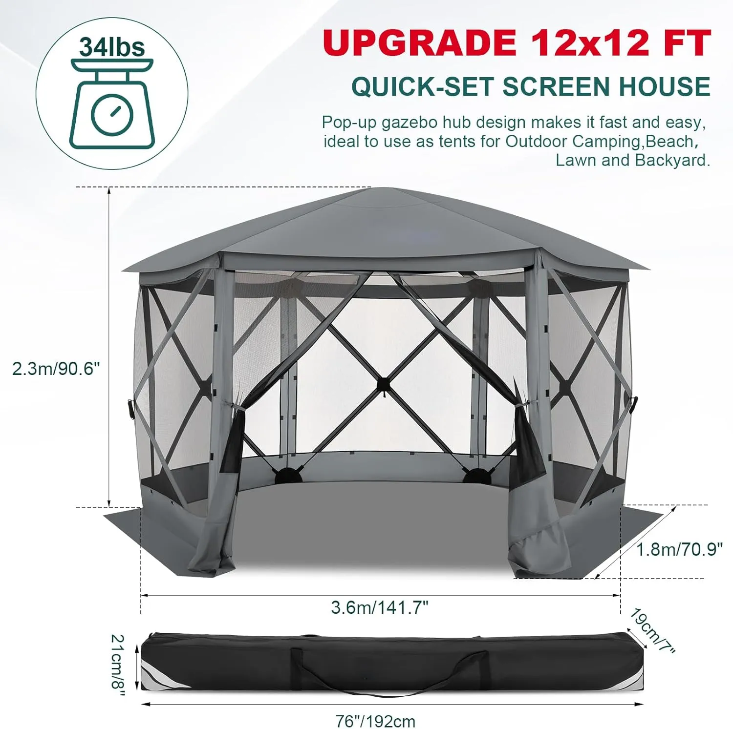 COBlZl Pop Up Gazebo 12x12 Screen House for Camping, Outdoor Instant Stargazing Gazebo Canopy with Awning 2.0, Portable Hub Tent with Mosquito Netting, Pavilion Tent for Backyard,Gray