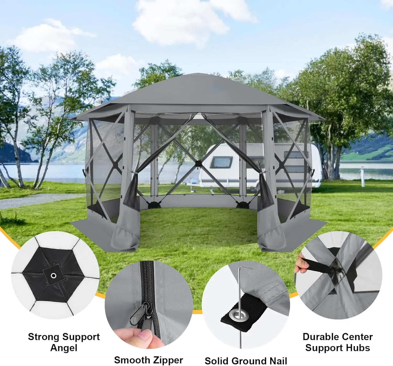 COBlZl Pop Up Gazebo 12x12 Screen House for Camping, Outdoor Instant Stargazing Gazebo Canopy with Awning 2.0, Portable Hub Tent with Mosquito Netting, Pavilion Tent for Backyard,Gray