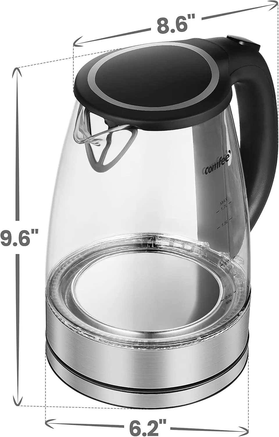 COMFEE' Glass Electric Tea Kettle & Hot Water Kettle Electric, 1.7L Electric Kettle with LED Indicator, 1500W Fast Boil, Auto Shut-Off and Boil-Dry Protection