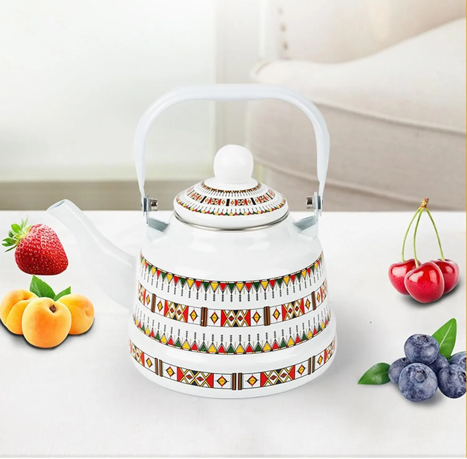 Compact Camping Enamel Tea Kettle, Foldable Steel Handle & Boiling Design