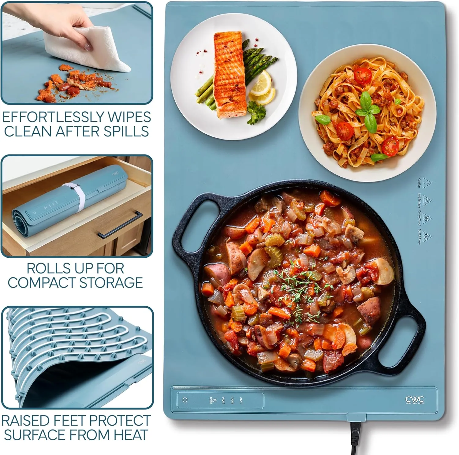 COOK WITH COLOR 350W Electric Food Warming Mat - Portable, Adjustable, Quick Heating Auto Shut-Off, Rollable Silicone Pad