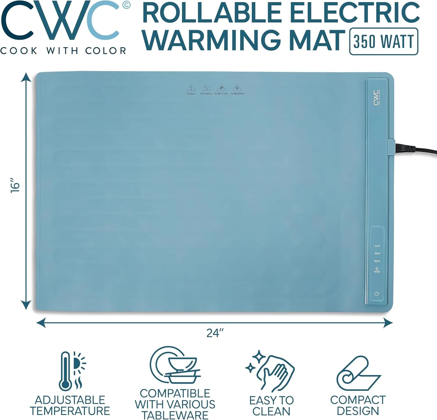 COOK WITH COLOR 350W Electric Food Warming Mat - Portable, Adjustable, Quick Heating Auto Shut-Off, Rollable Silicone Pad