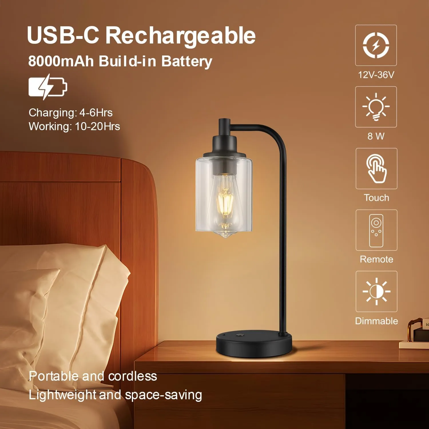 Cordless Table Lamps Rechargeable, 8000mAh Battery Operated Table Lamp with Remote Control, Touch Dimmable Bedside Lamp, Portable Wireless Desk Lamp for Bedroom, Dining Room, Black, 2 Pack