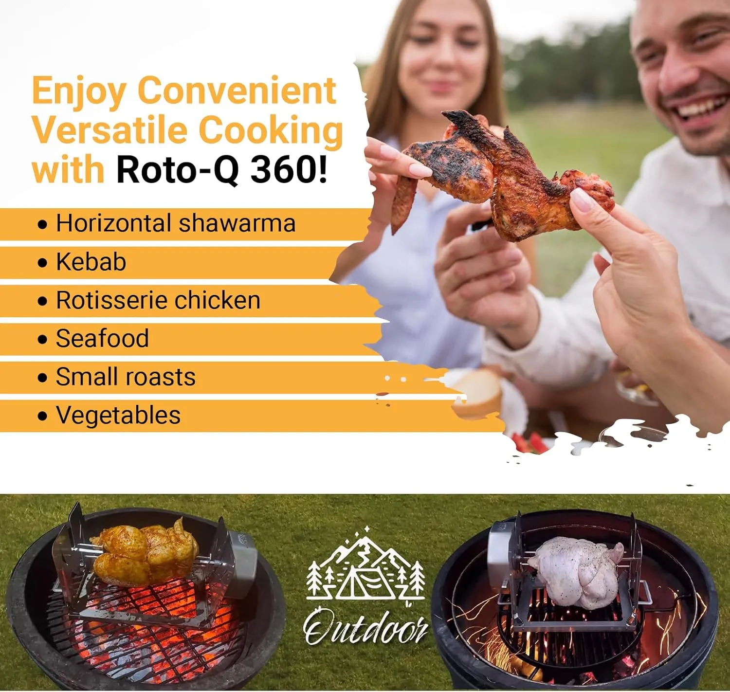 Cordless Universal Rotisserie Kit for Grills Ovens and Smokers - Non-Electric Wind-up Spit Roaster, Gas or Charcoal BBQ - Compatible with Kamado Joe Green Egg Kettle (Black)