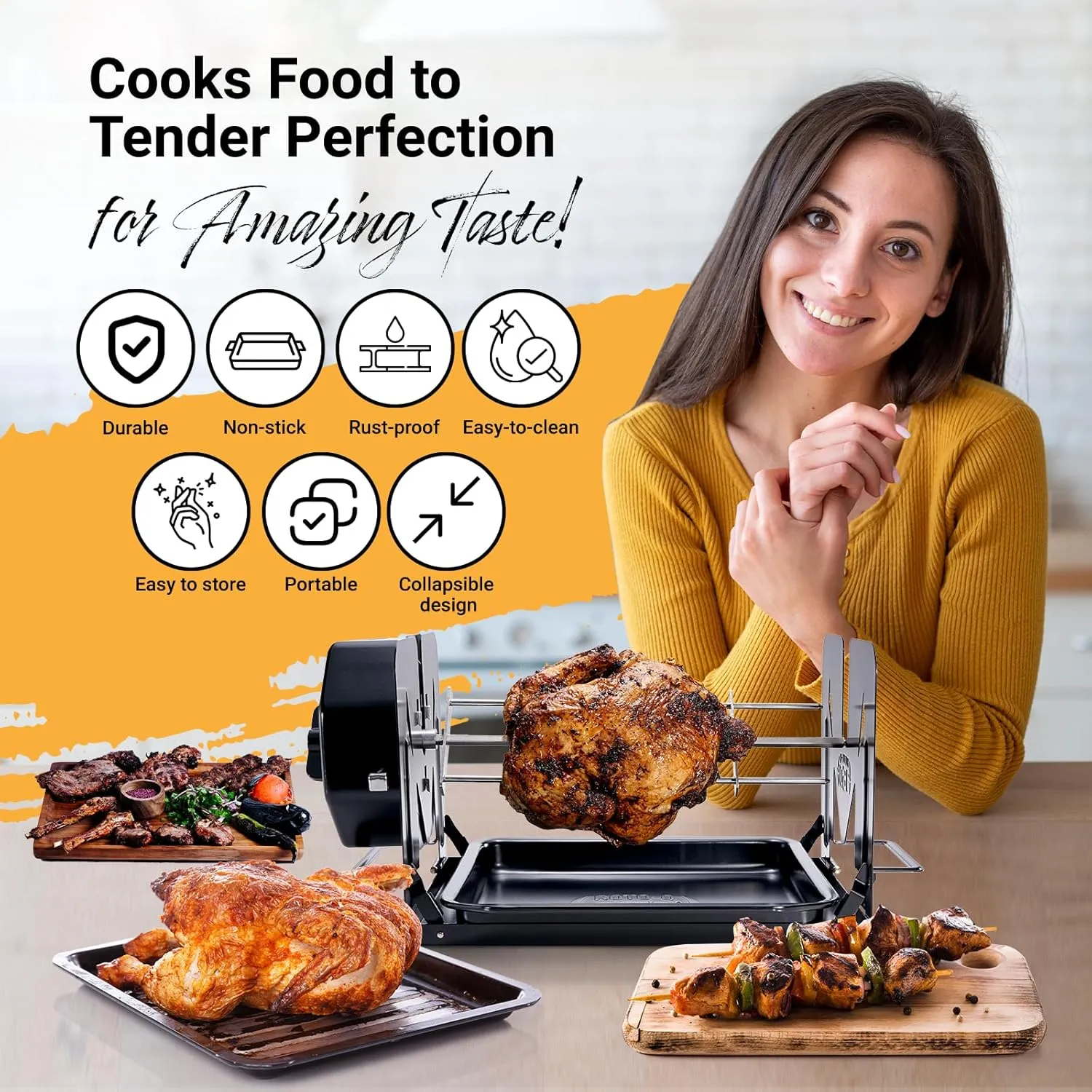 Cordless Universal Rotisserie Kit for Grills Ovens and Smokers - Non-Electric Wind-up Spit Roaster, Gas or Charcoal BBQ - Compatible with Kamado Joe Green Egg Kettle (Black)