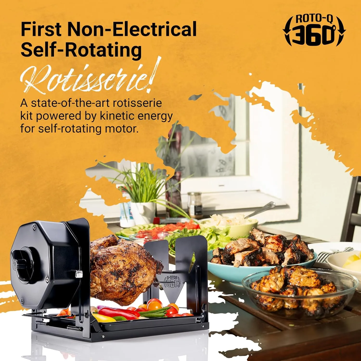 Cordless Universal Rotisserie Kit for Grills Ovens and Smokers - Non-Electric Wind-up Spit Roaster, Gas or Charcoal BBQ - Compatible with Kamado Joe Green Egg Kettle (Black)