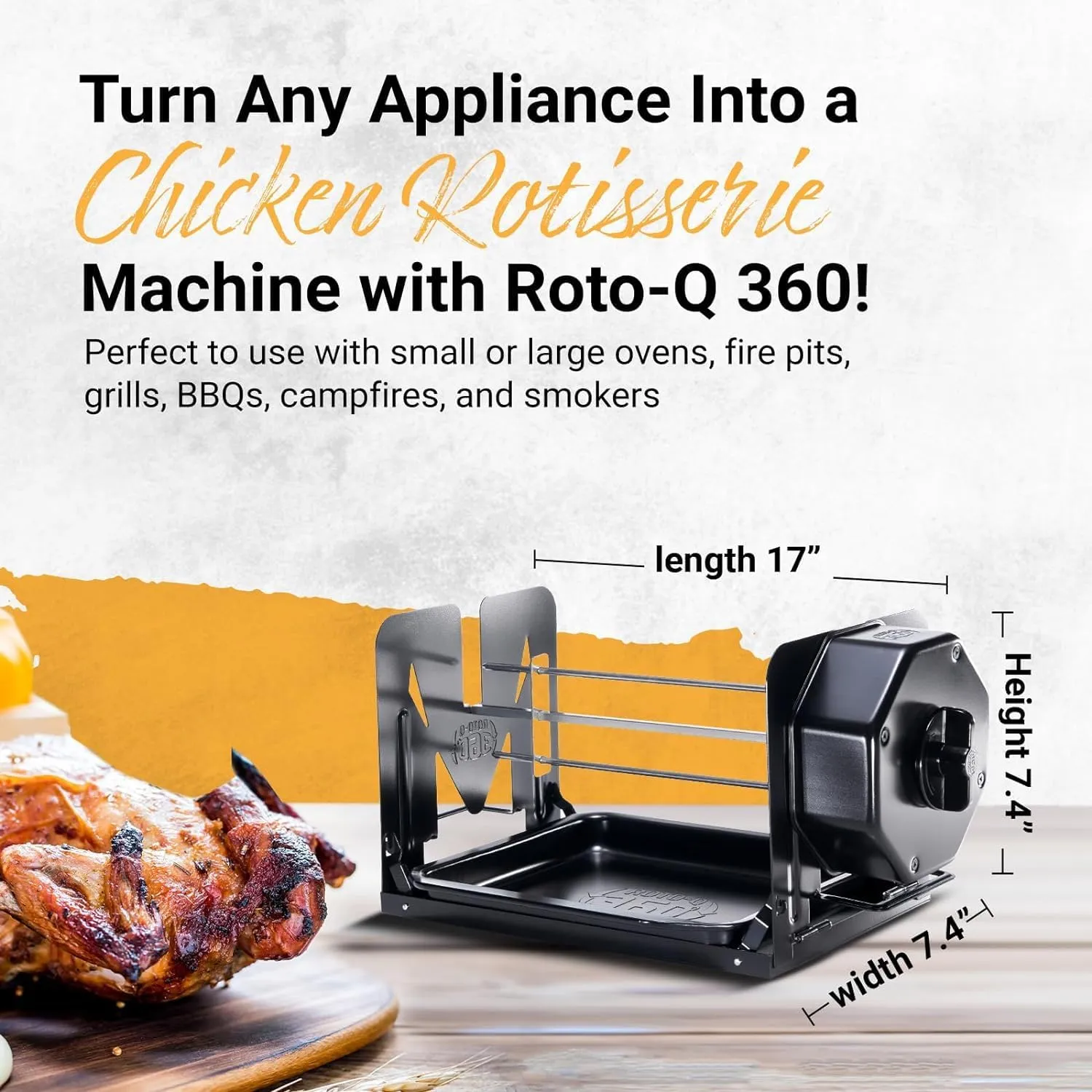 Cordless Universal Rotisserie Kit for Grills Ovens and Smokers - Non-Electric Wind-up Spit Roaster, Gas or Charcoal BBQ - Compatible with Kamado Joe Green Egg Kettle (Black)