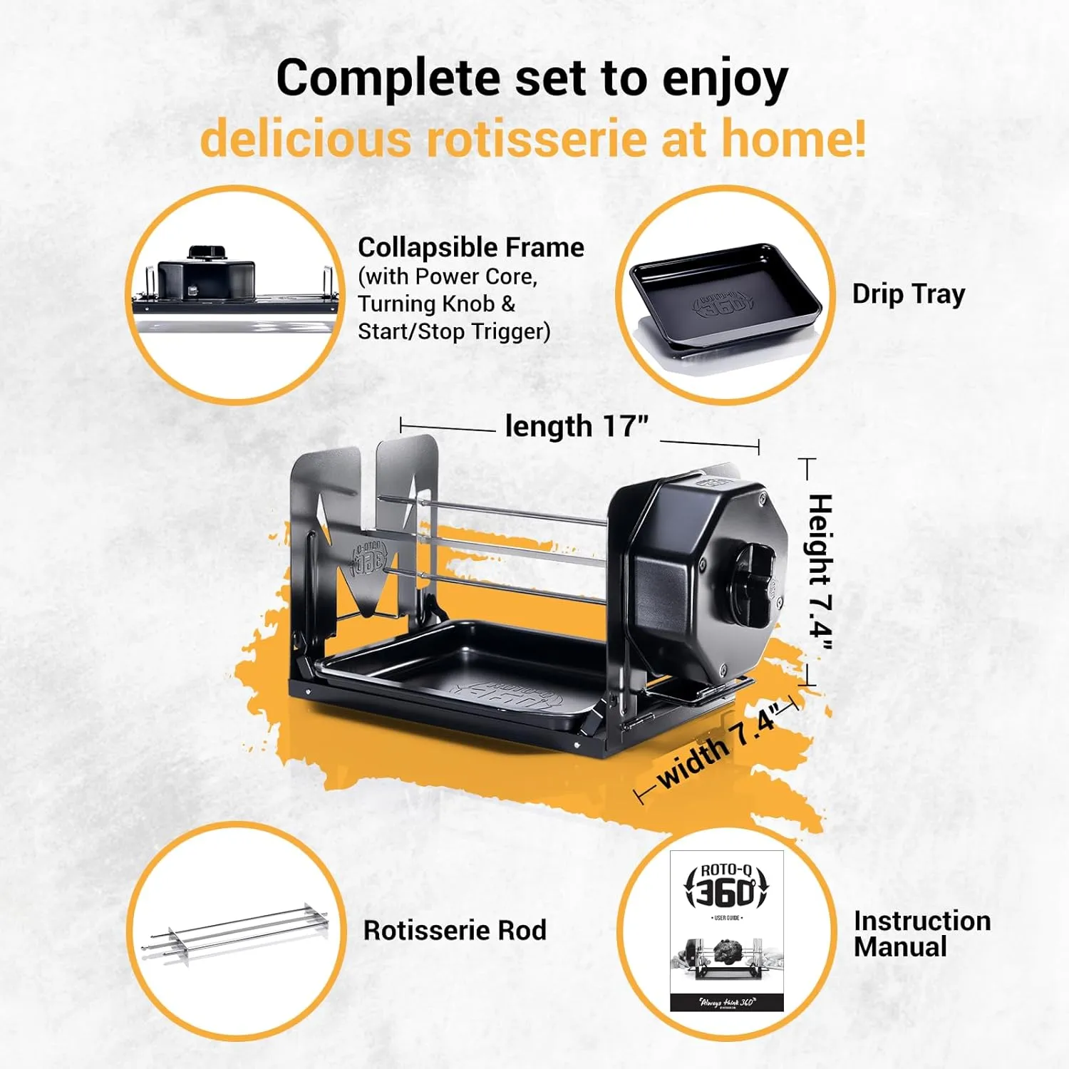 Cordless Universal Rotisserie Kit for Grills Ovens and Smokers - Non-Electric Wind-up Spit Roaster, Gas or Charcoal BBQ - Compatible with Kamado Joe Green Egg Kettle (Black)
