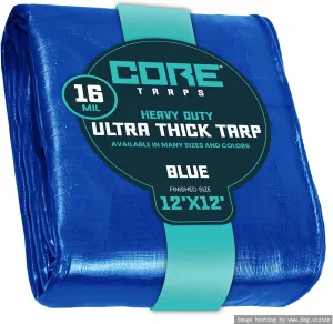 Core Tarps Extra Heavy Duty 16 Mil Tarp Cover, Waterproof, UV Resistant, Rip and Tear Proof, Poly Tarpaulin with Reinforced Edges for Roof, Camping, Patio, Pool, Boat (Blue 12′ X 12′)