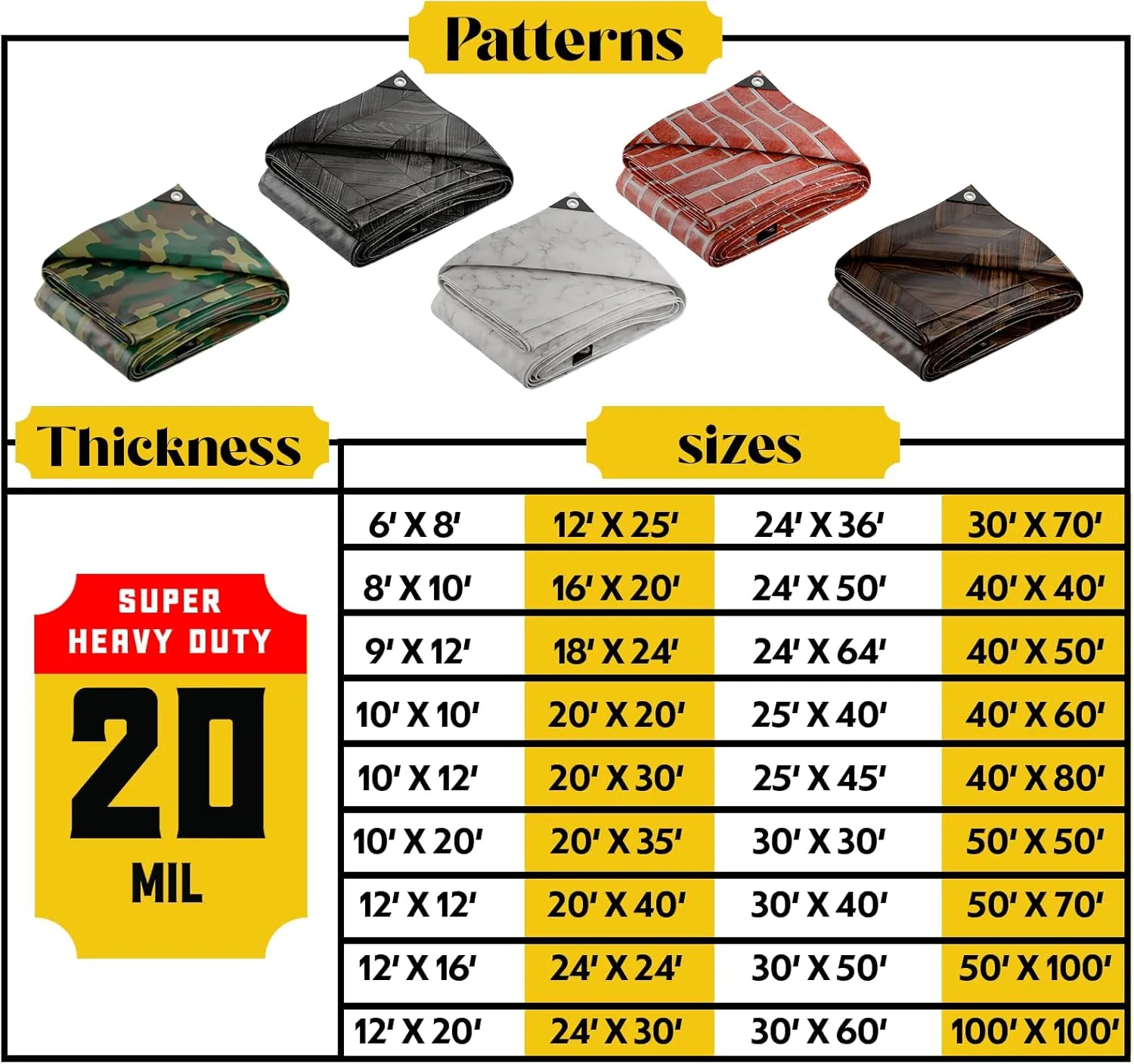 Core Tarps Extreme Heavy Duty 20 Mil Tarp Cover, Waterproof, UV Resistant, Rip and Tear Proof, Poly Tarpaulin with Reinforced Edges for Roof, Camping, Patio, Pool, Boat (Bricks/Black 10′ X 10′)