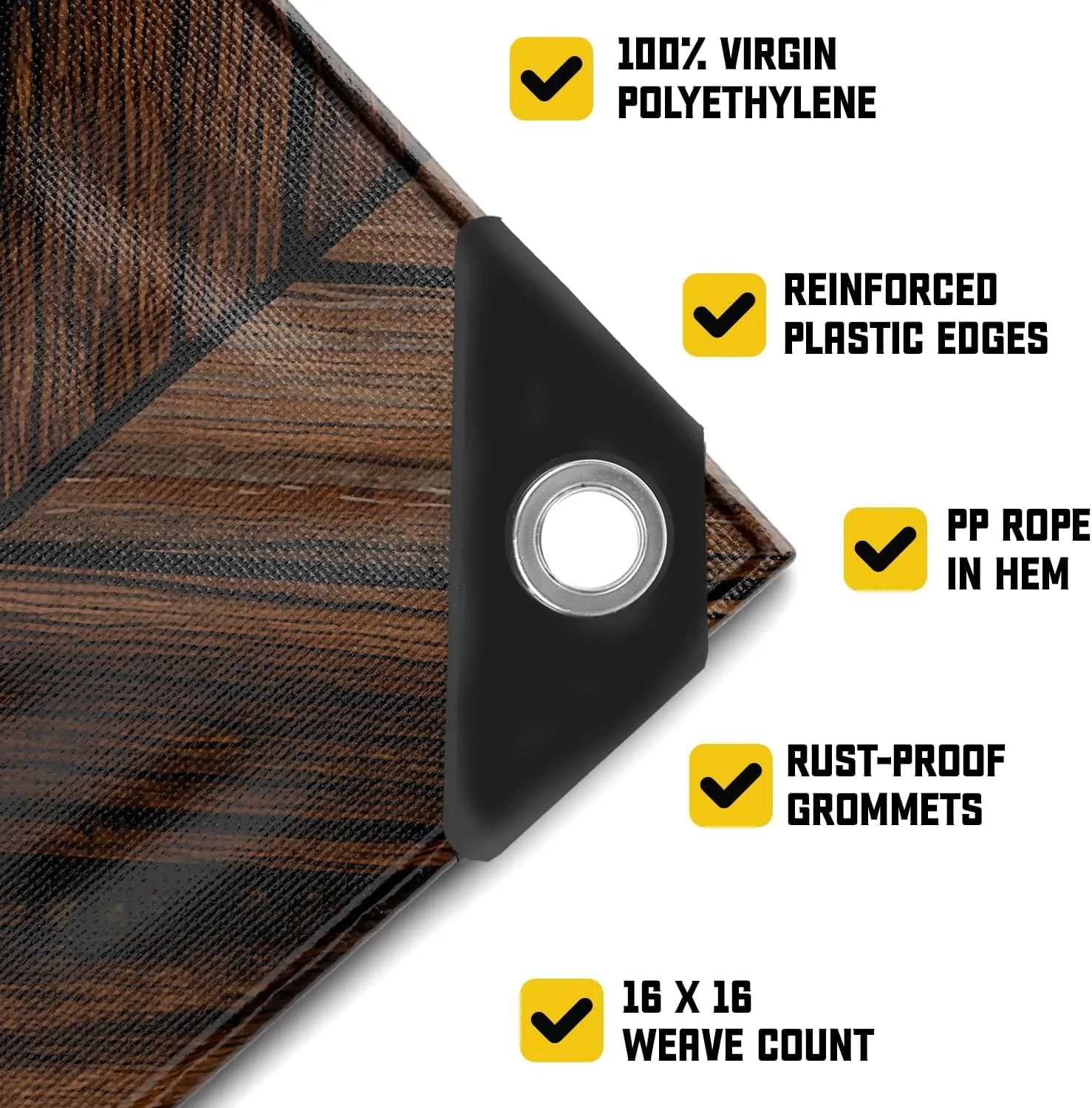 Core Tarps Extreme Heavy Duty 20 Mil Tarp Cover, Waterproof, UV Resistant, Rip and Tear Proof, Poly Tarpaulin with Reinforced Edges for Roof, Camping, Patio, Pool, Boat (Brown Wood/Black 20′ X 20′)