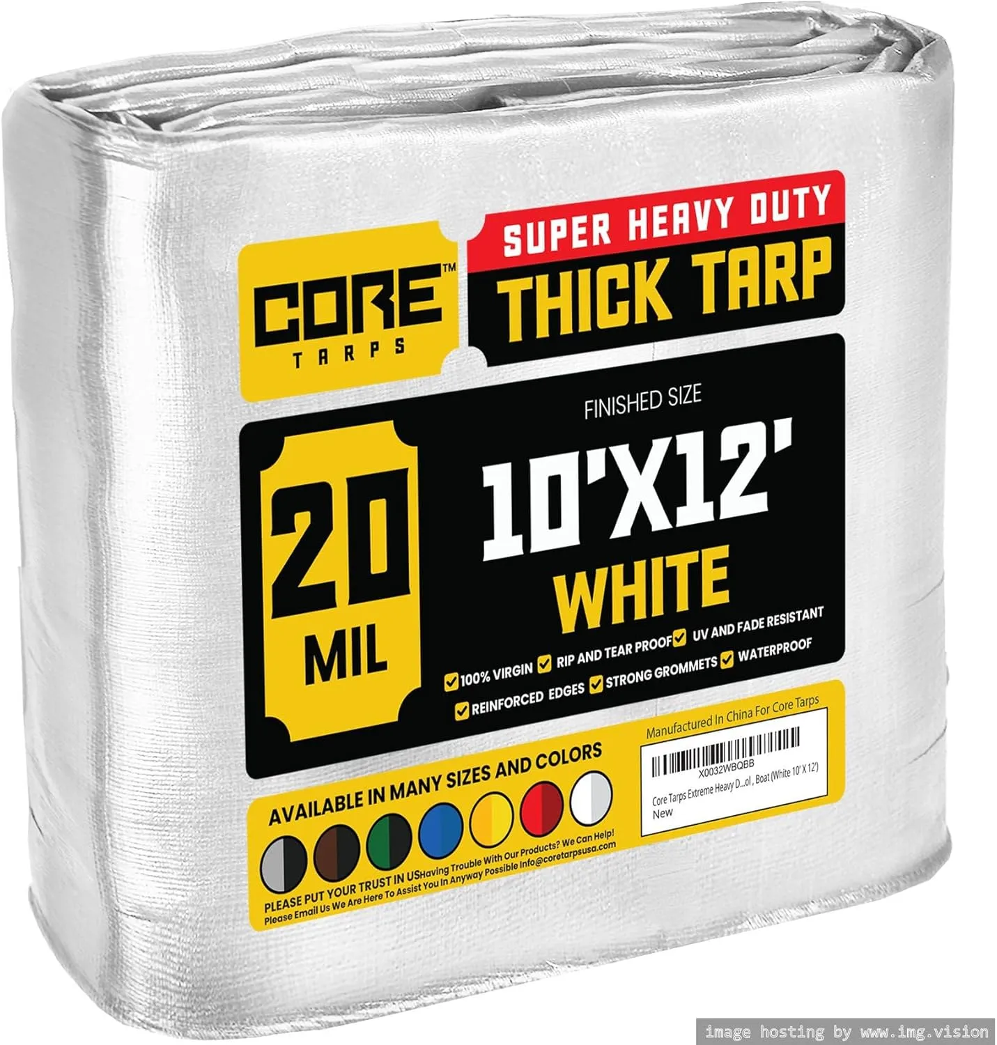 Core Tarps Extreme Heavy Duty 20 Mil Tarp Cover, Waterproof, UV Resistant, Rip and Tear Proof, Poly Tarpaulin with Reinforced Edges for Roof, Camping, Patio, Pool, Boat (White 10′ X 12′)