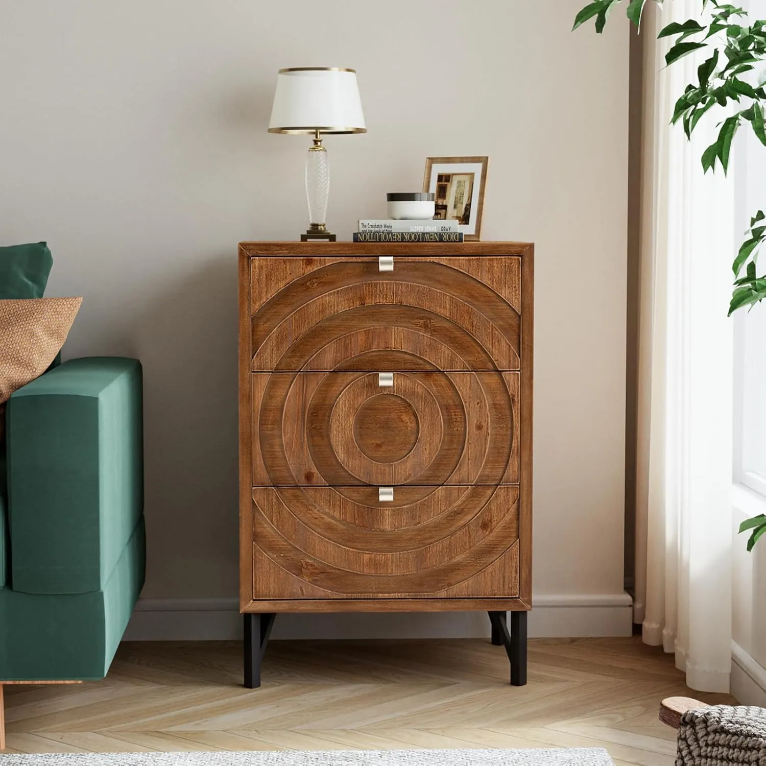 COSIEST Nightstand, Rustic End Table with 3 Drawers, Vintage Wood Bedside Table with Strudy Legs, Modern Side Table Accent Nightstand for Bedroom, Living Room