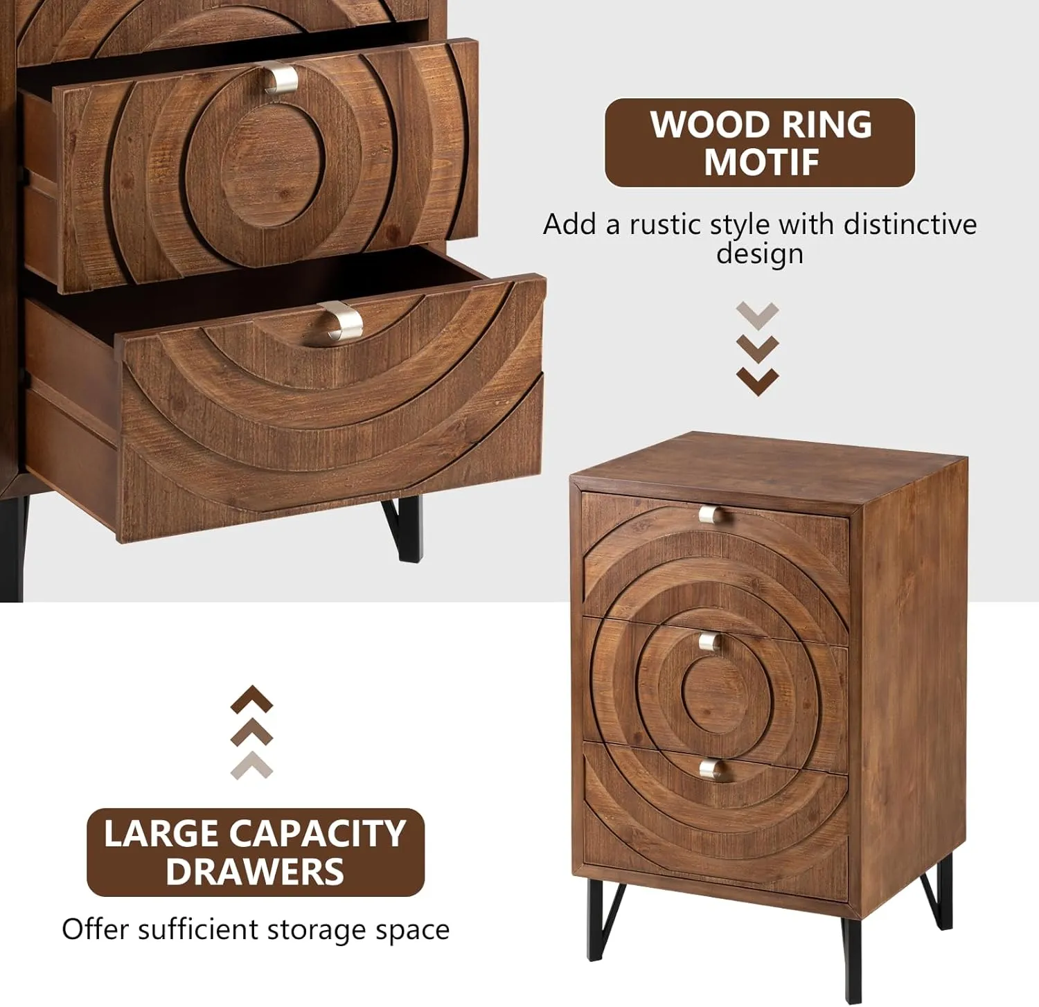 COSIEST Nightstand, Rustic End Table with 3 Drawers, Vintage Wood Bedside Table with Strudy Legs, Modern Side Table Accent Nightstand for Bedroom, Living Room