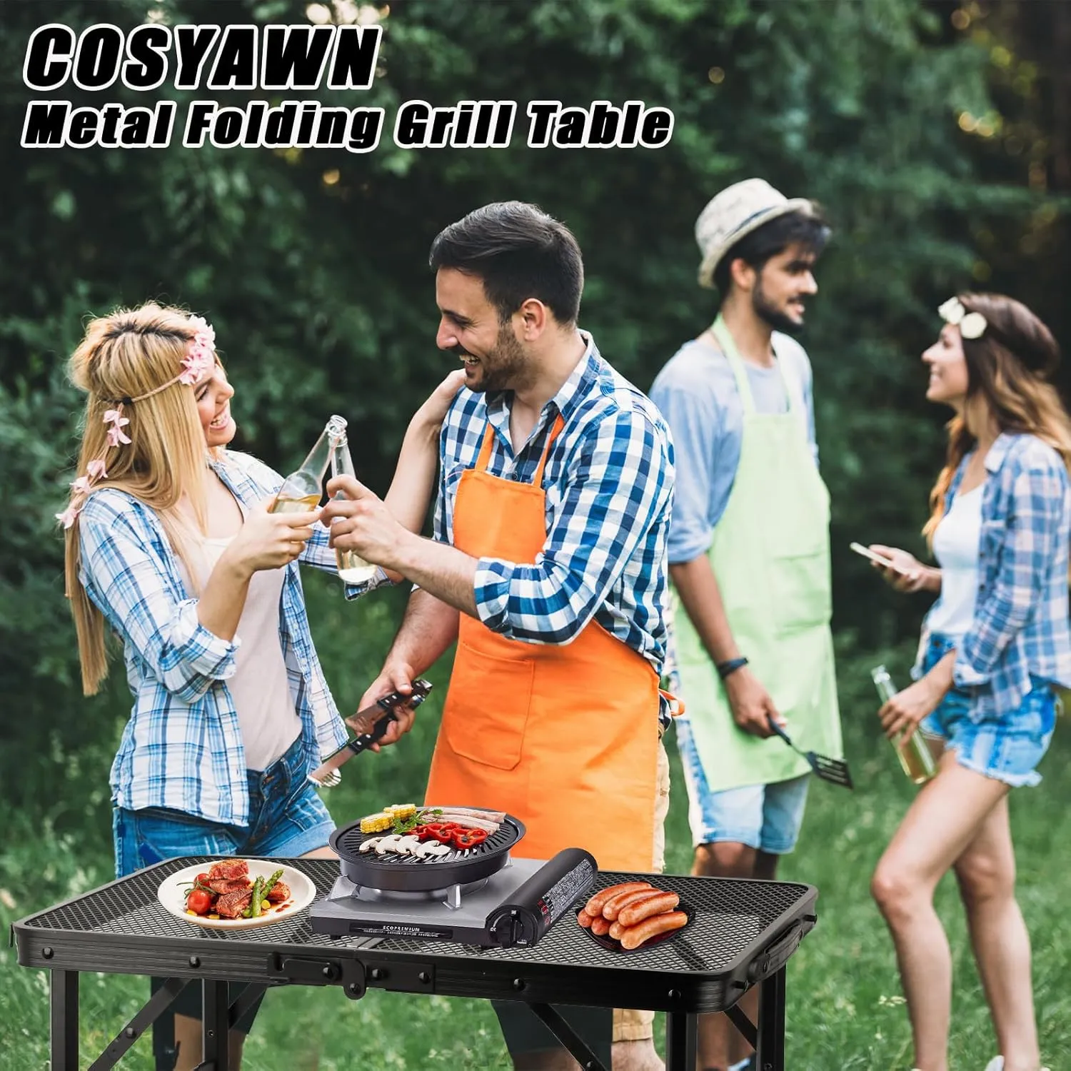 COSYAWN 3x2 FT Portable Medium Folding Grill Table with Mesh Desktop, Aluminum Lightweight Height Adjustable Outdoor Picnic Table for Camping BBQ Garden Party