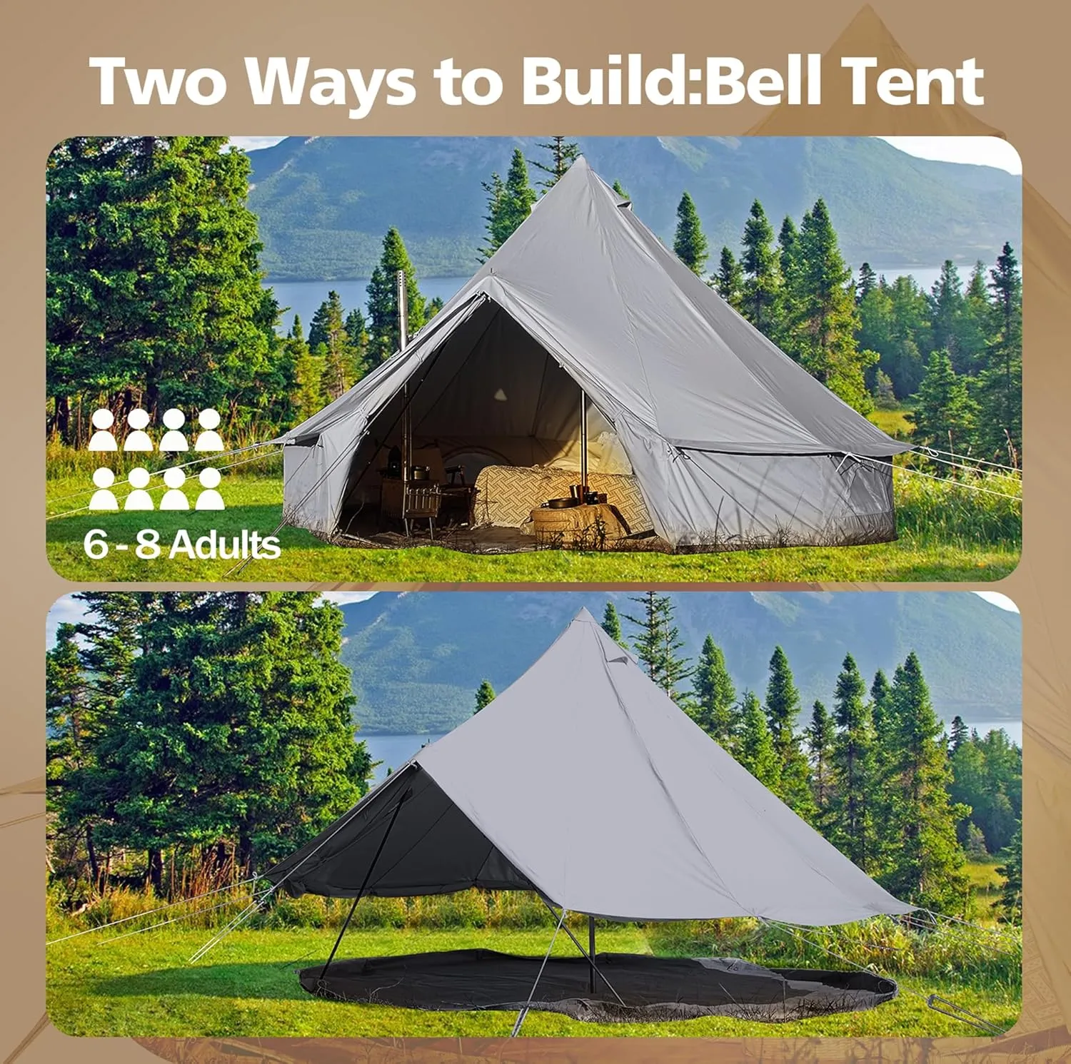 Cotton Canvas Bell Tent, Waterproof Large Tents with Sturdy Center & Door Pole and Space for 4/6/8 Person All 4 Season Camping Yurt Tent