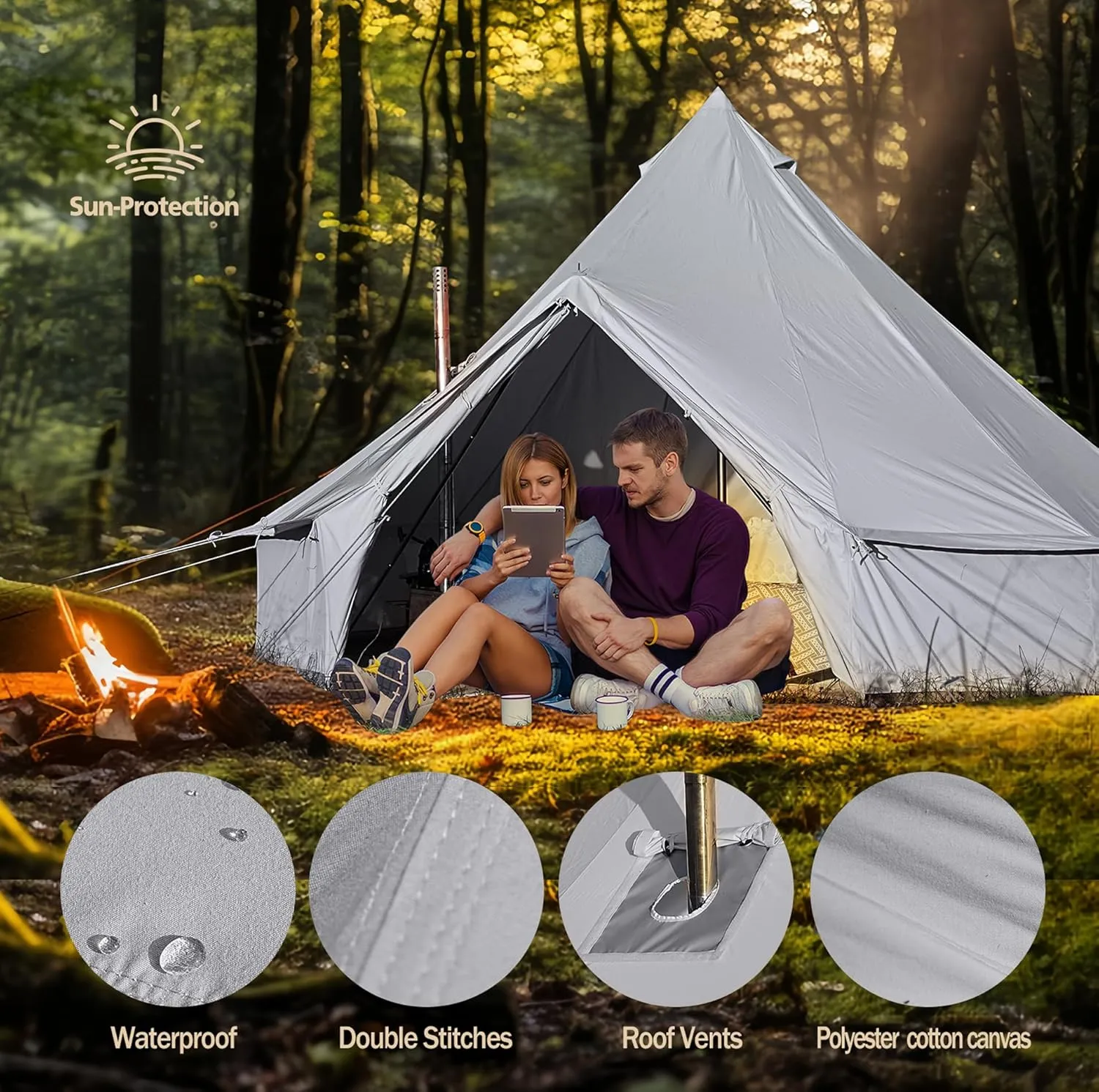 Cotton Canvas Bell Tent, Waterproof Large Tents with Sturdy Center & Door Pole and Space for 4/6/8 Person All 4 Season Camping Yurt Tent