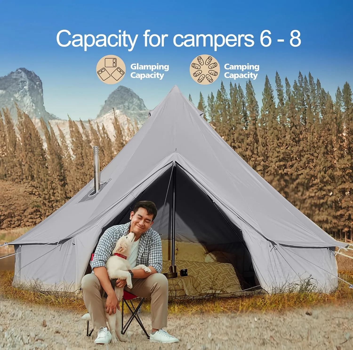 Cotton Canvas Bell Tent, Waterproof Large Tents with Sturdy Center & Door Pole and Space for 4/6/8 Person All 4 Season Camping Yurt Tent