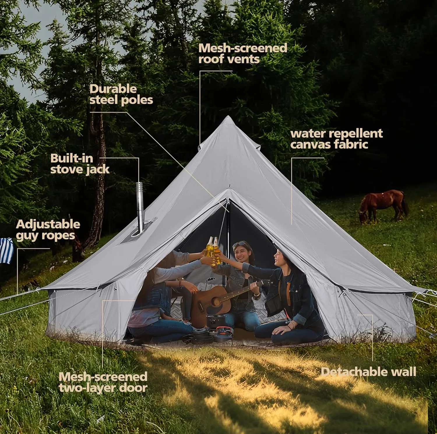 Cotton Canvas Bell Tent, Waterproof Large Tents with Sturdy Center & Door Pole and Space for 4/6/8 Person All 4 Season Camping Yurt Tent
