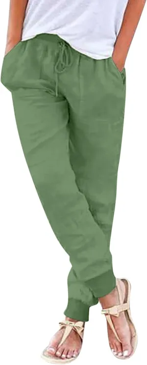 Cotton Joggers for Women Lightweight Elastic Waist Tapered Leg Sweatpants with Pockets Summer Casual Vacation Clothes