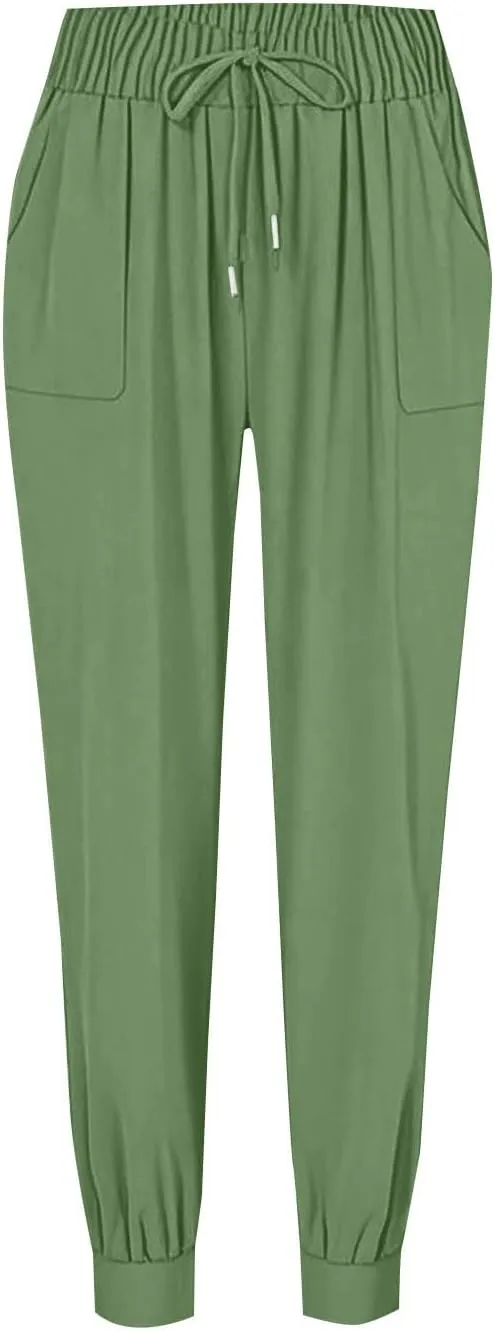 Cotton Joggers for Women Lightweight Elastic Waist Tapered Leg Sweatpants with Pockets Summer Casual Vacation Clothes