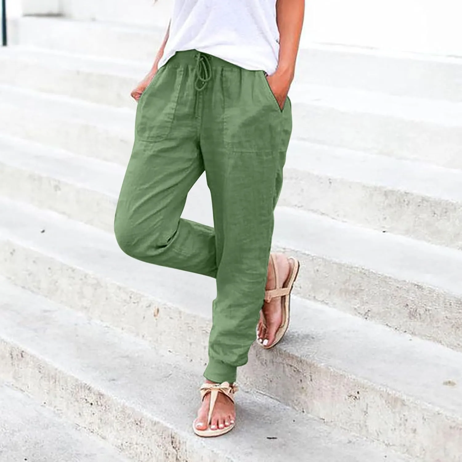 Cotton Joggers for Women Lightweight Elastic Waist Tapered Leg Sweatpants with Pockets Summer Casual Vacation Clothes