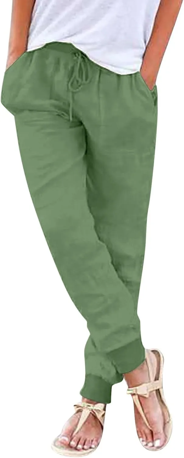Cotton Joggers for Women Lightweight Elastic Waist Tapered Leg Sweatpants with Pockets Summer Casual Vacation Clothes