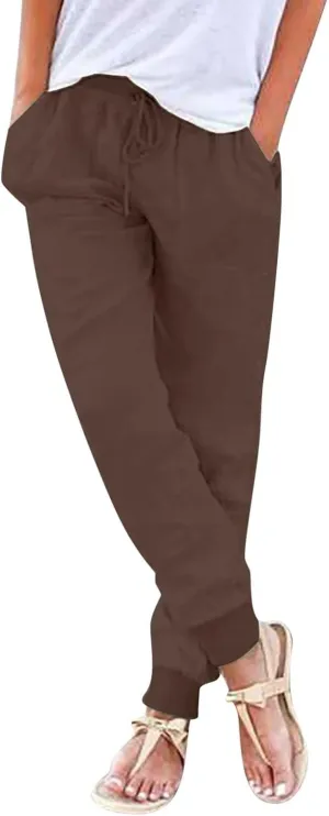 Cotton Joggers for Women Lightweight Elastic Waist Tapered Leg Sweatpants with Pockets Summer Casual Vacation Clothes