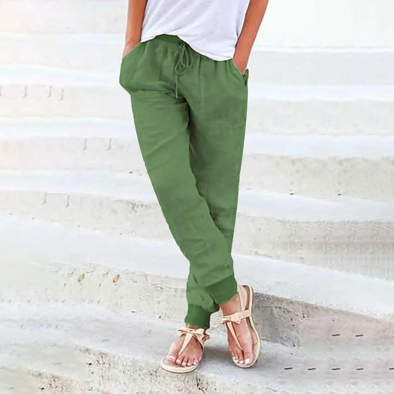 Cotton Joggers for Women Lightweight Elastic Waist Tapered Leg Sweatpants with Pockets Summer Casual Vacation Clothes