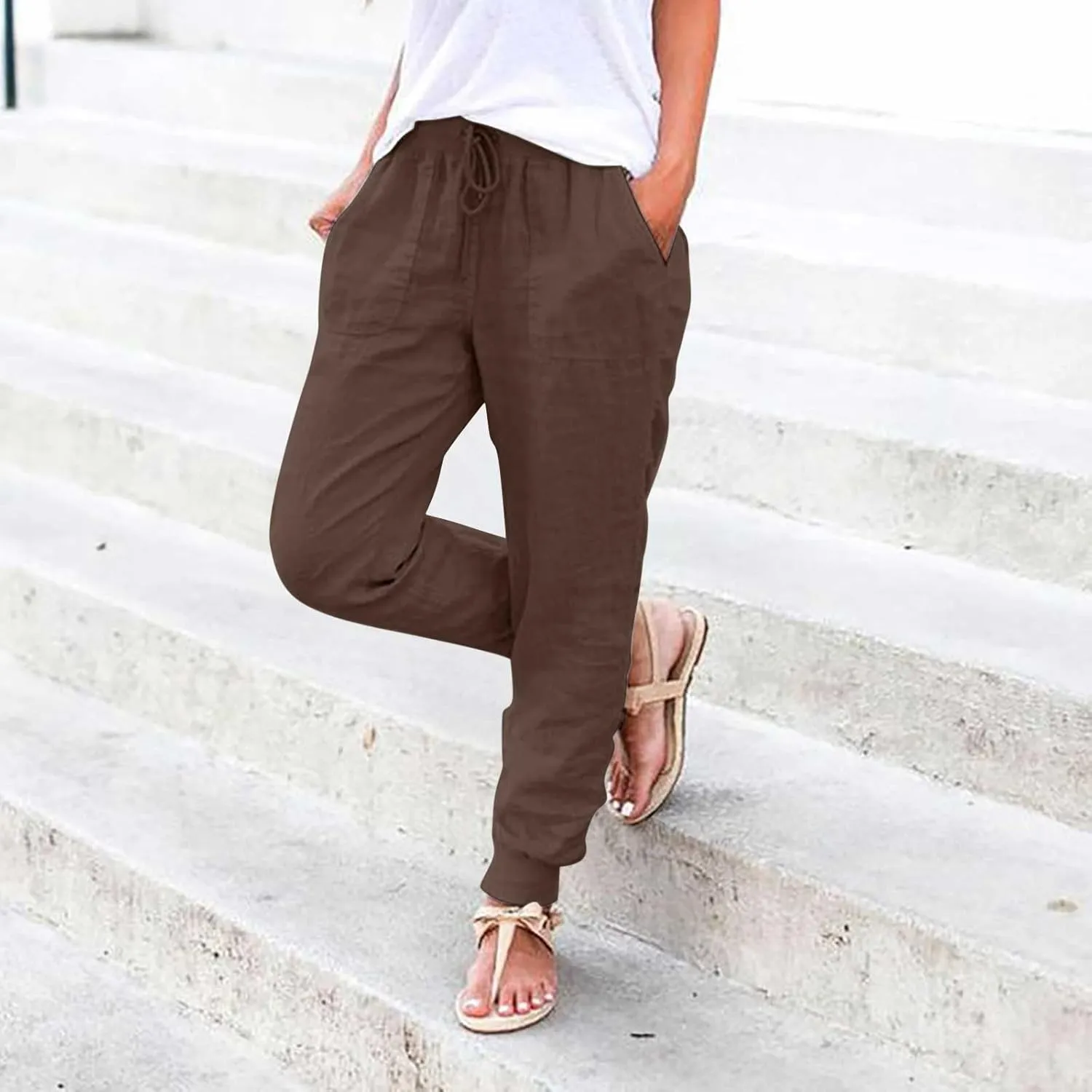Cotton Joggers for Women Lightweight Elastic Waist Tapered Leg Sweatpants with Pockets Summer Casual Vacation Clothes