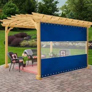 Covers & All Outdoor Curtains for Patio Waterproof, 18 oz PVC Polyester Tear and UV Resistant Clear Panel Curtain Featuring Rust-Free Grommets, Ideal for Patios, and Pergola (7' H x 10' W Feet, Blue)