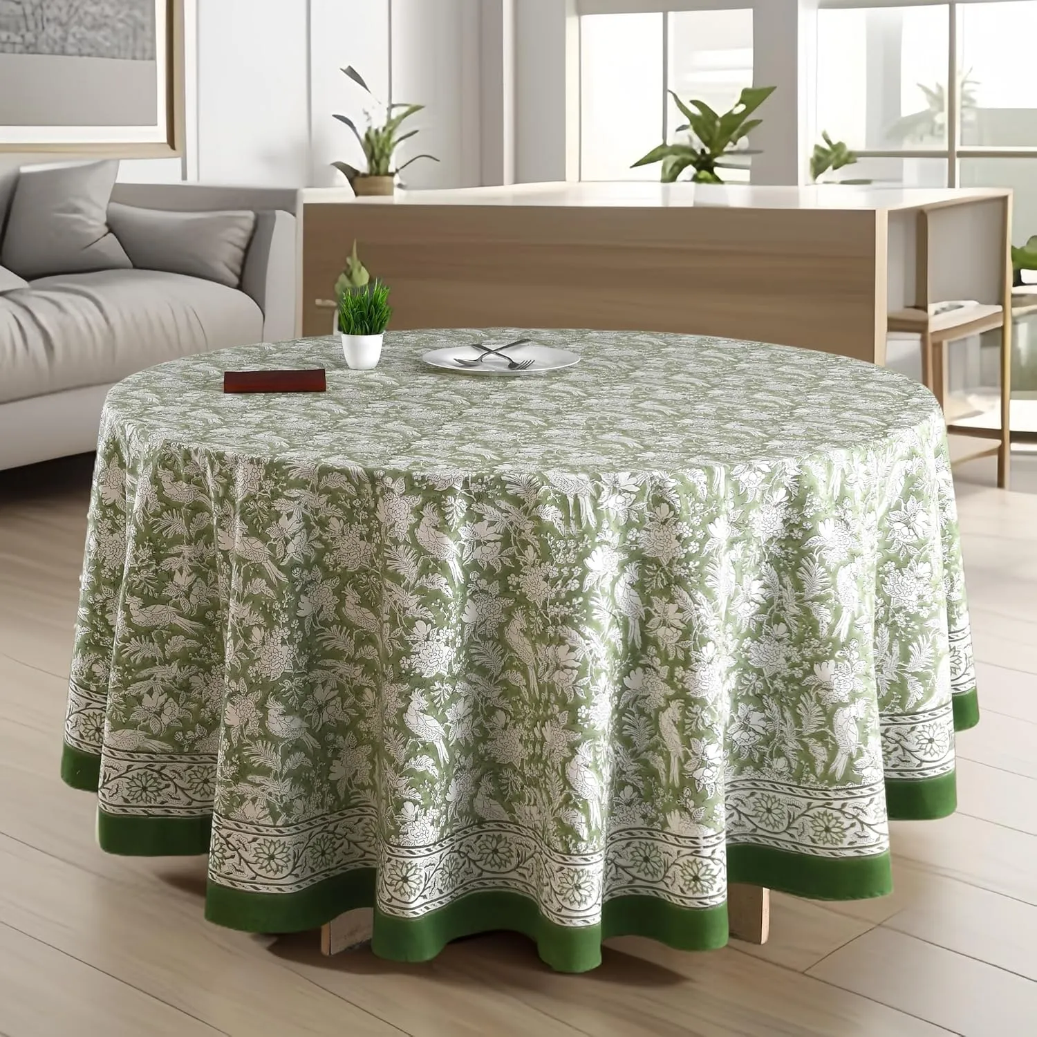 CPC Round Tablecloth- Cotton Indian Block Print Tablecloth -Handmade Printed Washable Cotton Table Cloth - Spring/Summer, Weding Table Cover - Olive Green 110 Inch