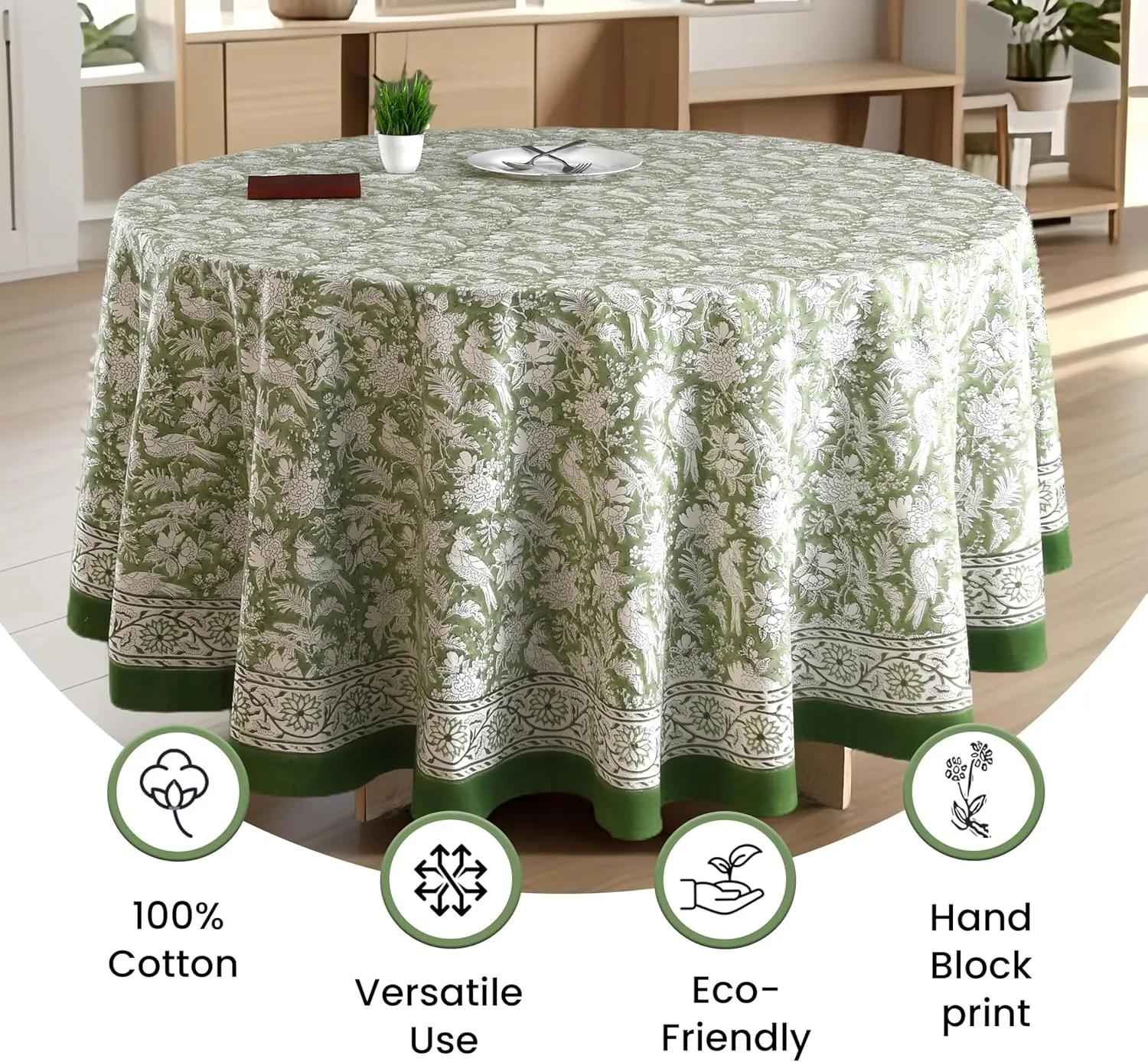 CPC Round Tablecloth- Cotton Indian Block Print Tablecloth -Handmade Printed Washable Cotton Table Cloth - Spring/Summer, Weding Table Cover - Olive Green 110 Inch