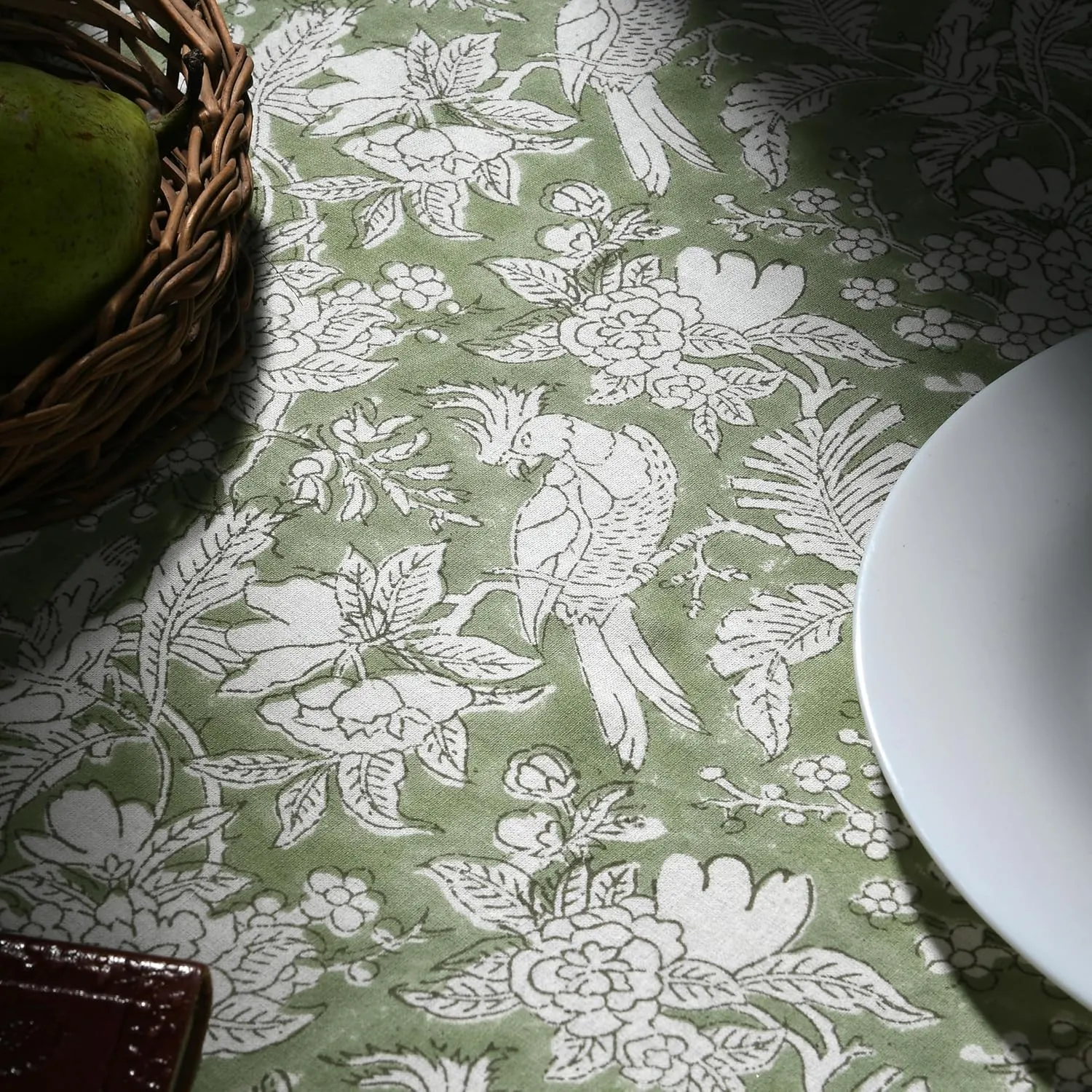 CPC Round Tablecloth- Cotton Indian Block Print Tablecloth -Handmade Printed Washable Cotton Table Cloth - Spring/Summer, Weding Table Cover - Olive Green 110 Inch
