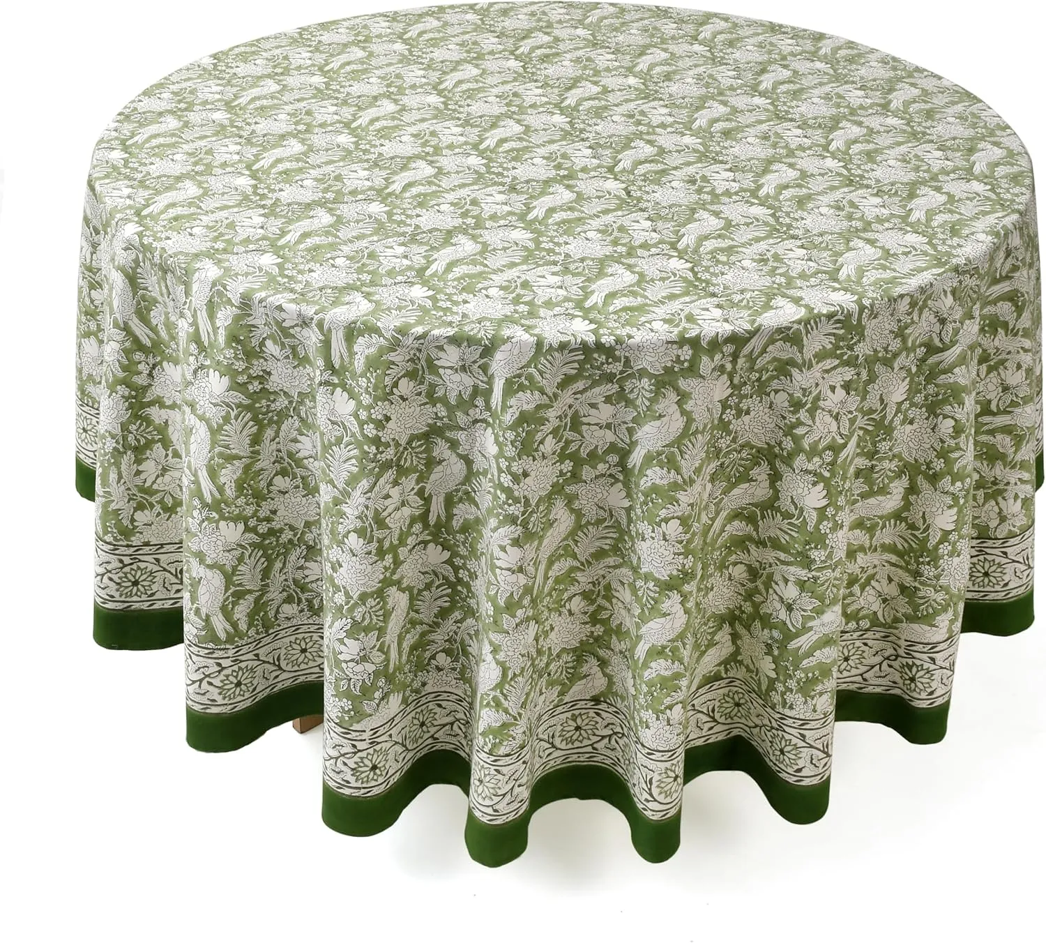CPC Round Tablecloth- Cotton Indian Block Print Tablecloth -Handmade Printed Washable Cotton Table Cloth - Spring/Summer, Weding Table Cover - Olive Green 110 Inch