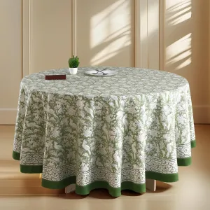 CPC Round Tablecloth- Cotton Indian Block Print Tablecloth -Handmade Printed Washable Cotton Table Cloth - Spring/Summer, Weding Table Cover - Olive Green 110 Inch