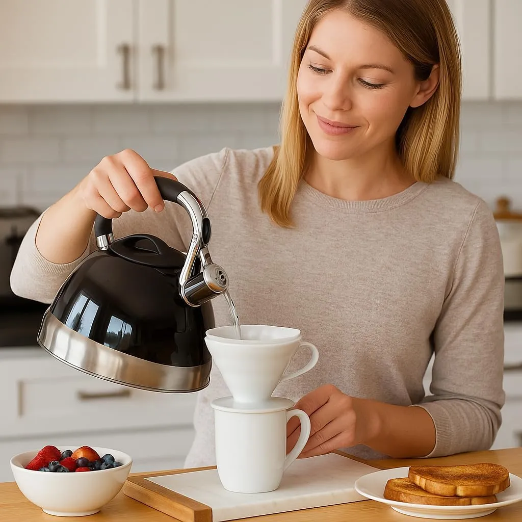 Creative Home Crescendo 3.1 Quart Stainless Steel Whistling Tea Kettle with Aluminum Capsulated Bottom for Even Heat Distribution, Black