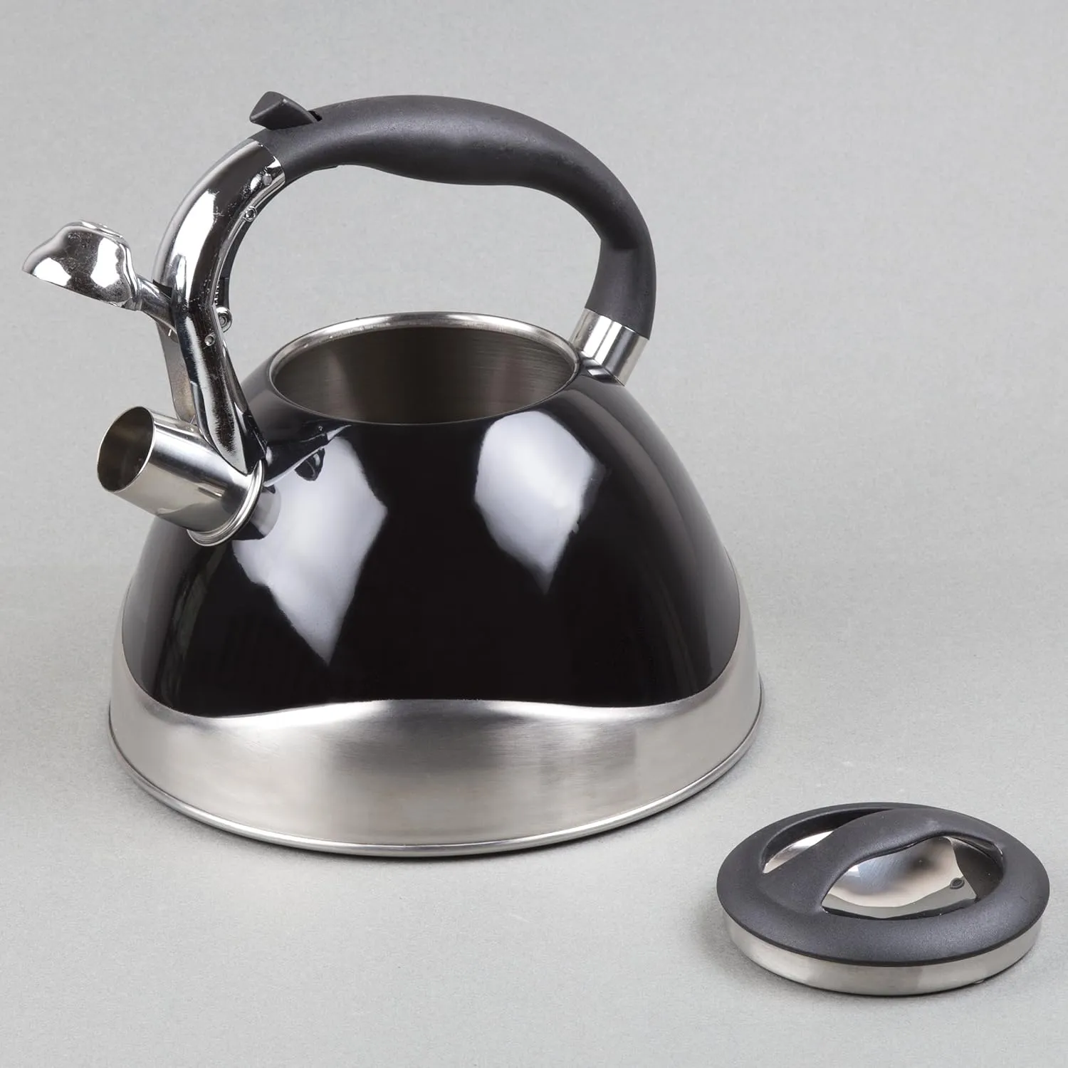 Creative Home Crescendo 3.1 Quart Stainless Steel Whistling Tea Kettle with Aluminum Capsulated Bottom for Even Heat Distribution, Black