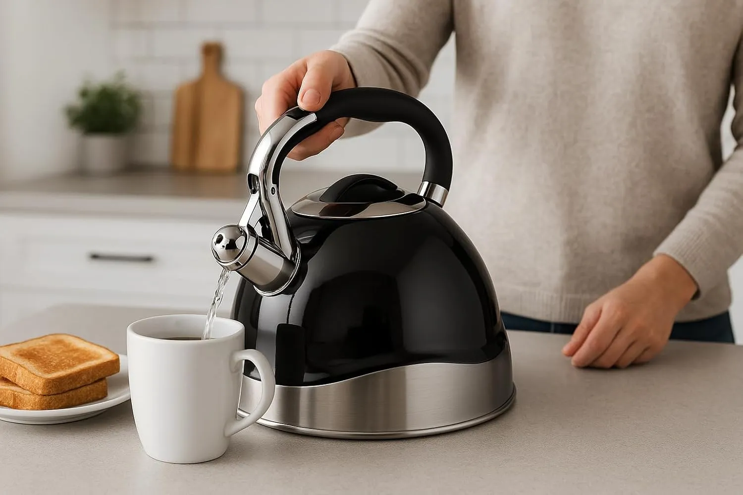 Creative Home Crescendo 3.1 Quart Stainless Steel Whistling Tea Kettle with Aluminum Capsulated Bottom for Even Heat Distribution, Black