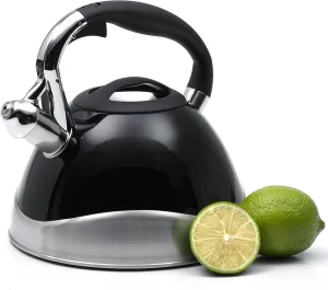 Creative Home Crescendo 3.1 Quart Stainless Steel Whistling Tea Kettle with Aluminum Capsulated Bottom for Even Heat Distribution, Black